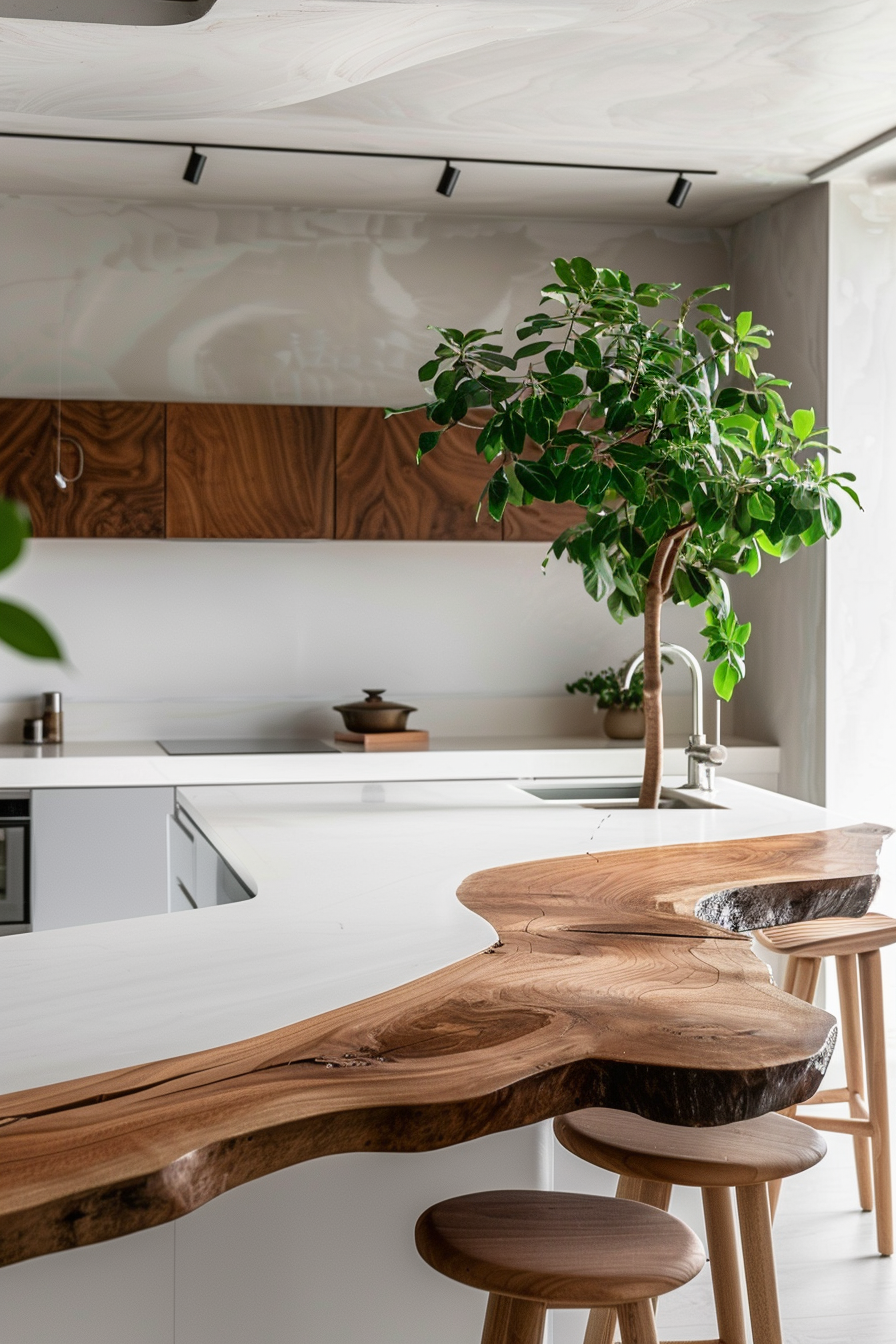 Japandi kitchen. Walnut wood, white countertops, indoor plants.