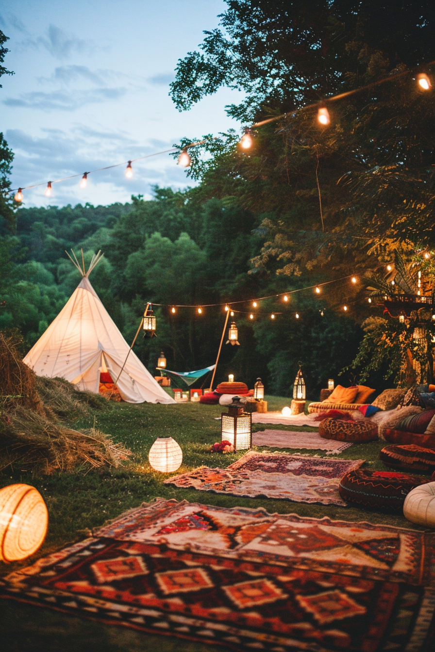 Wedding view. Full Boho teepee, scattered lanterns, multicolored Moroccan rugs.