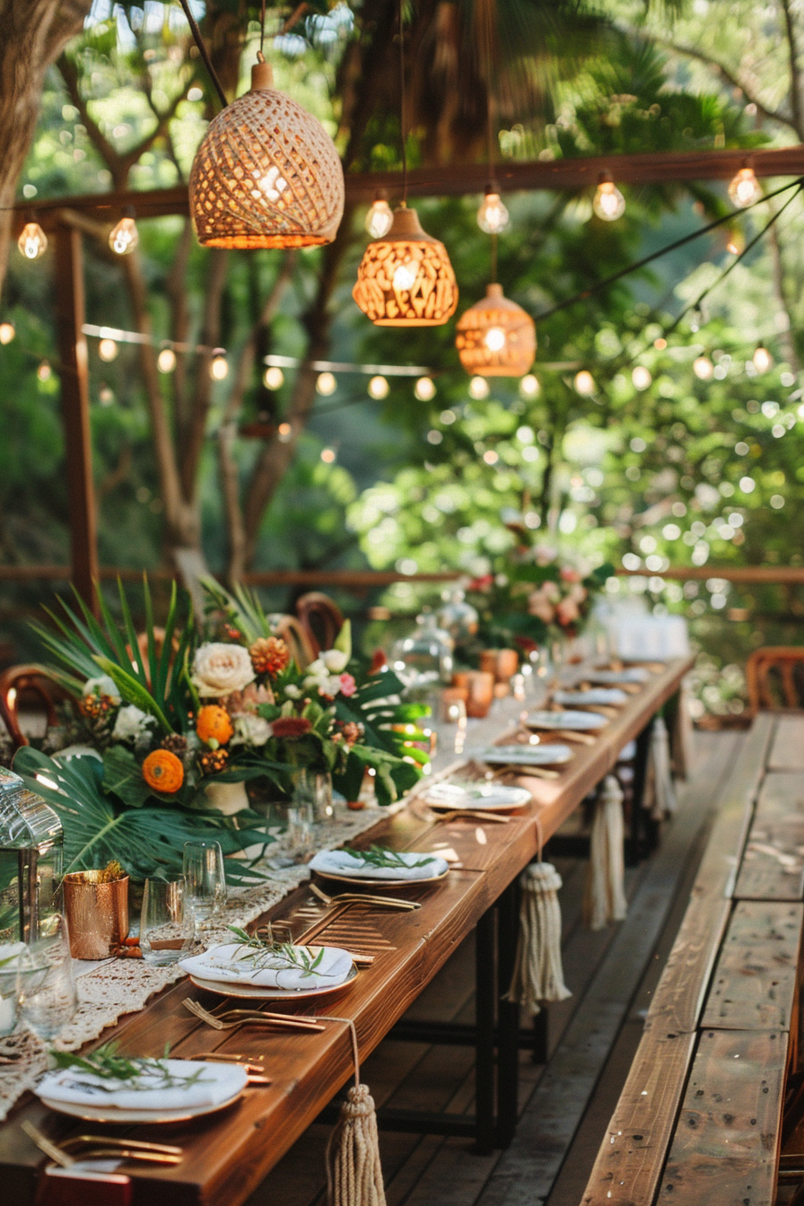 Boho wedding design. Long, macrame decor on exposed wood tables.