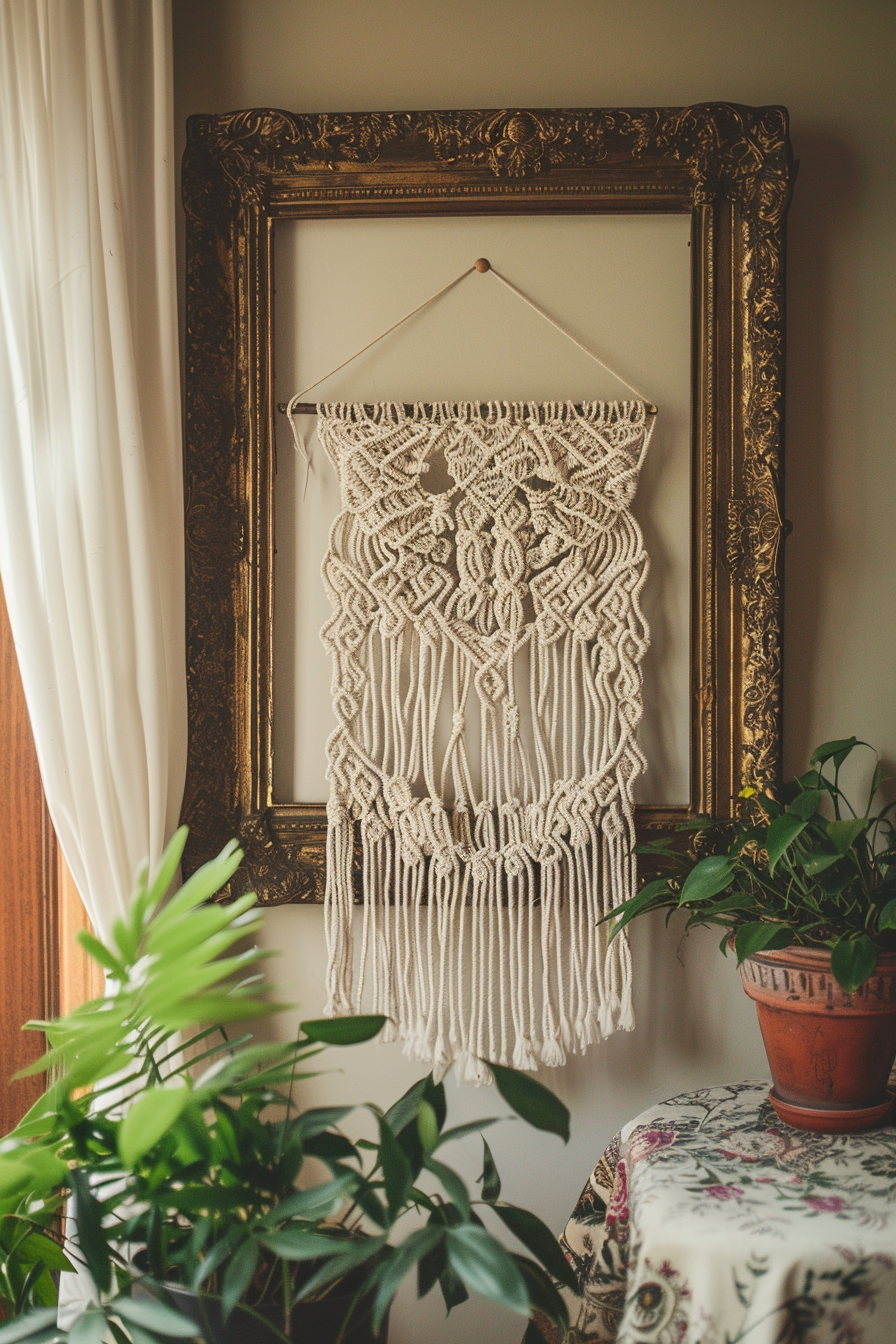 Boho style home decor. Macramé wall hanging in an antique frame.