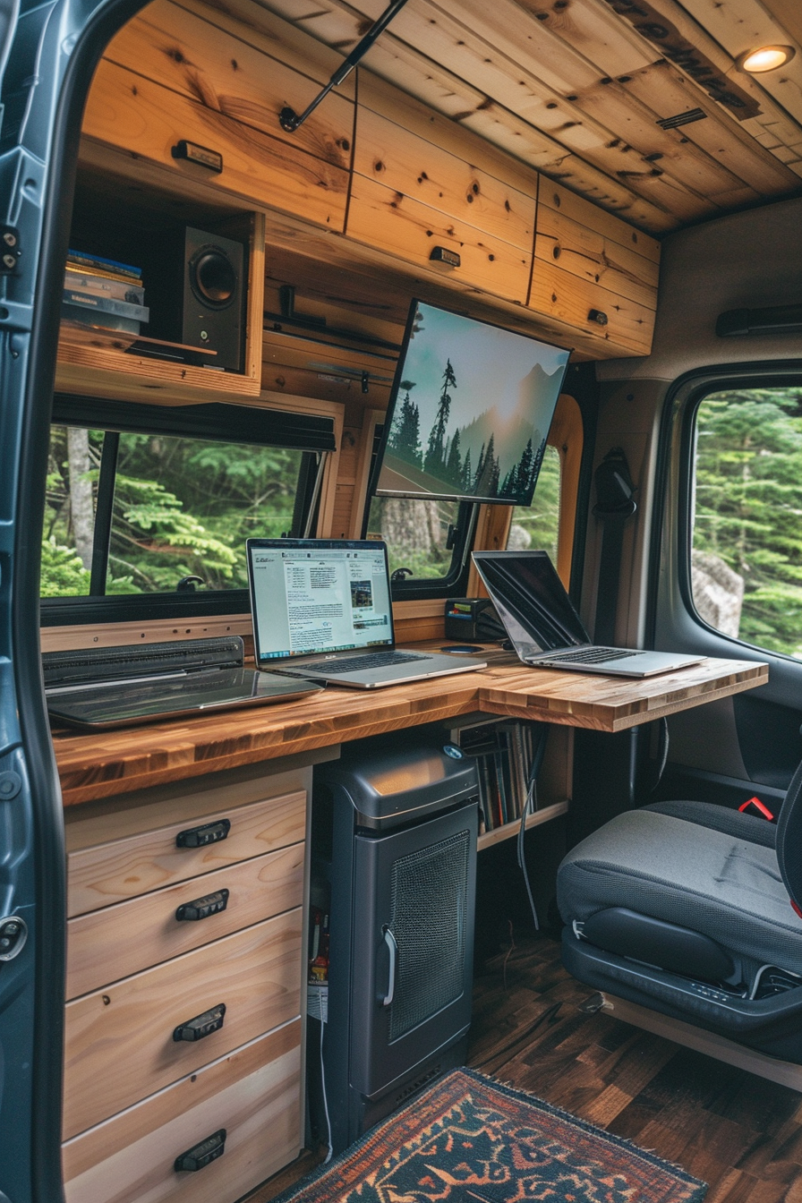 Camper van interior. Slide-out desk with overhead locker storage.