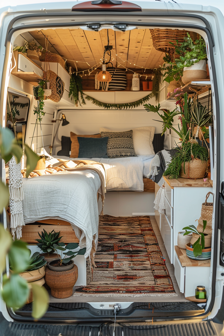 Converted Sprinter van camper. Full view, boho design featuring hanging plants and wooden details.