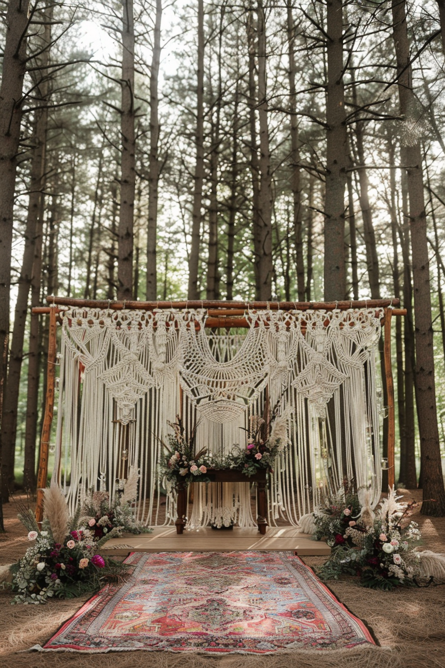 Boho designed wedding. Wide shot of macramé altar backdrop in wooded setting.