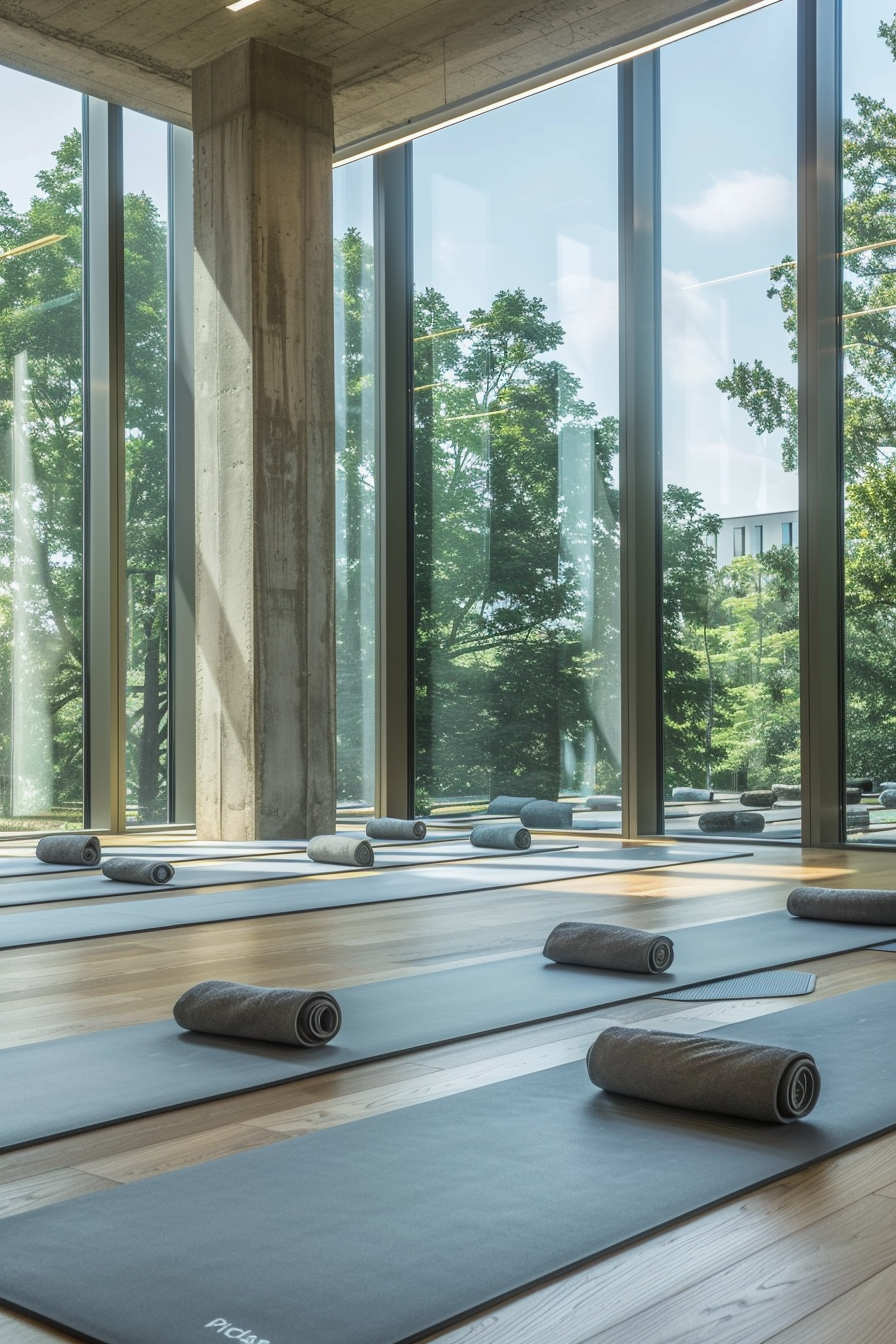 Yoga studio. Floor-to-ceiling windows with velvet gray mats.