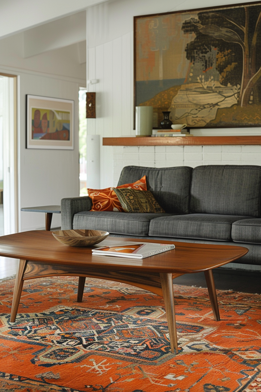 Mid-century modern living room. Teak coffee table with abstract-patterned orange rug.