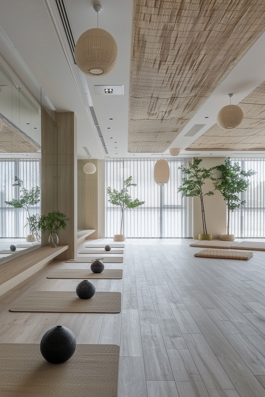 Japandi yoga studio. Wide-view bamboo flooring, minimalist decor, and eclipse black matyz yoga set.