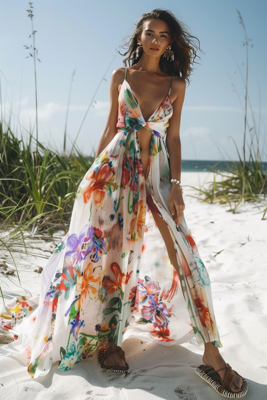 Beach wedding. Colorful floral maxi dress with woven rattan sandals.