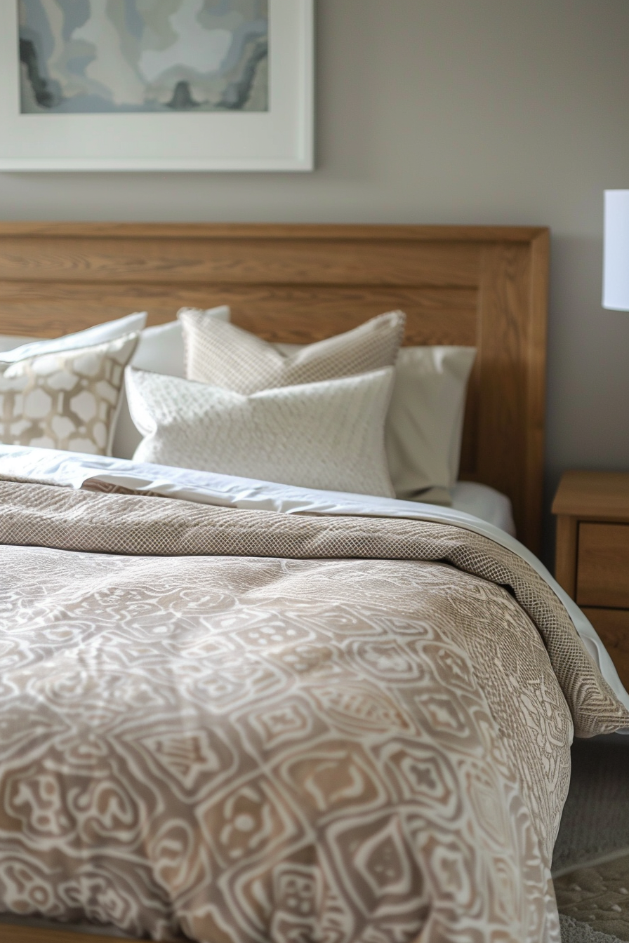 Neutral bedroom. Oak bed frame with a beige-patterned duvet.