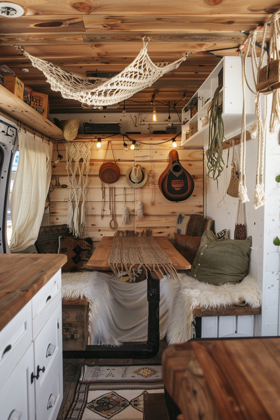 Converted Sprinter van camper. Detailed view of wooden interiors and hanging macrame decor.