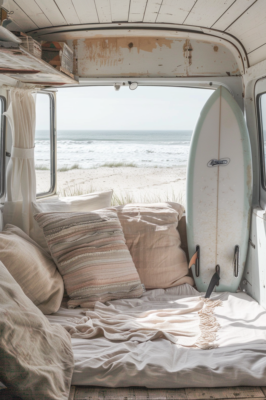 Coastal camper van interior. Pastel cushions, surfboard, open windows revealing sandy beach.