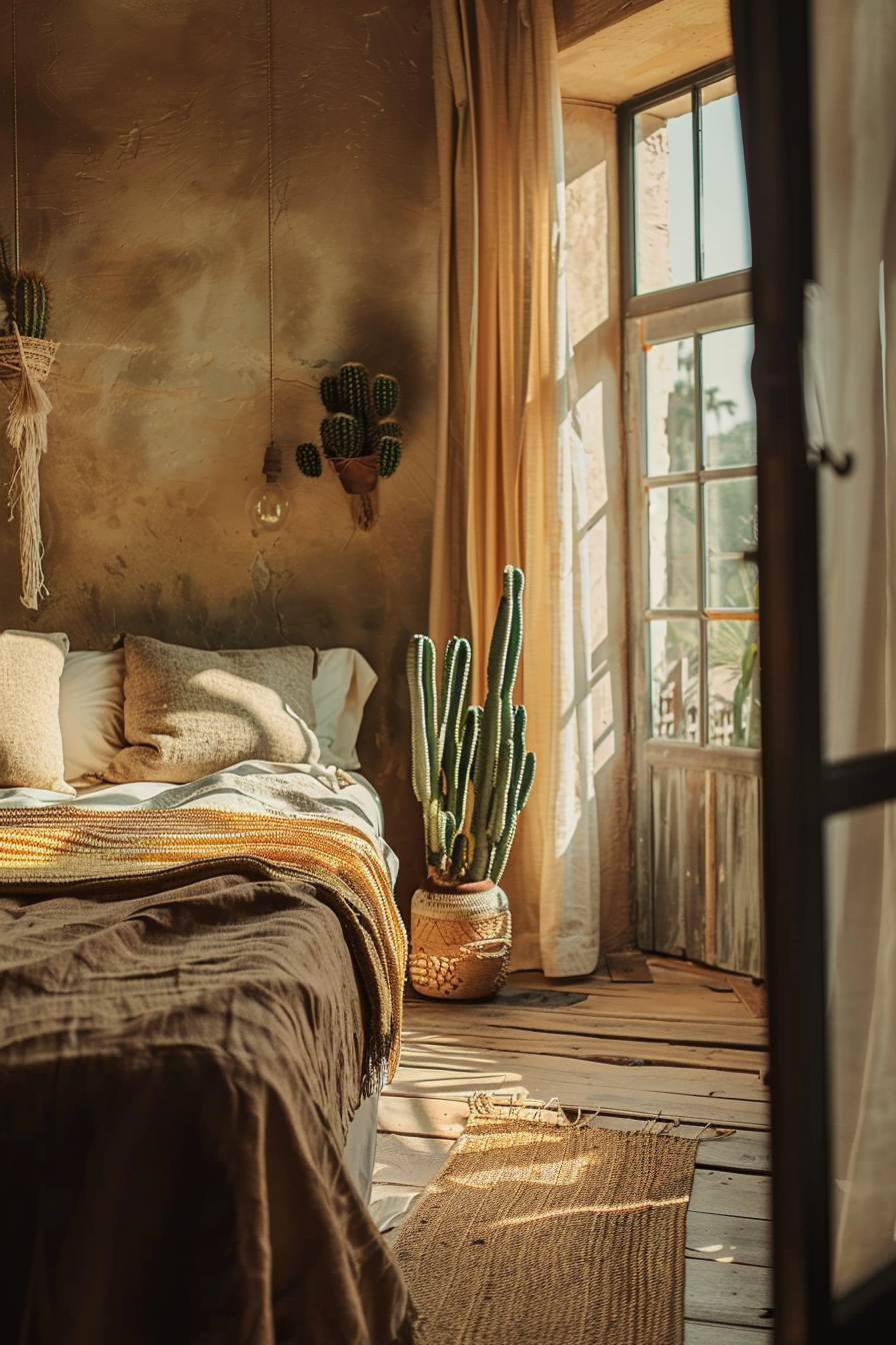 Hotel room. Earthy warm tones, woven wool textiles, sun-streamed natural light, cactus plants.