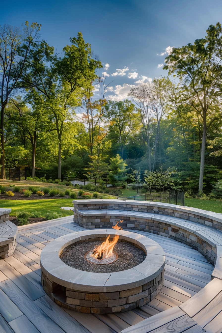 Beautiful backyard view from deck. Stone fire pit surrounded by circular wooden seating arrangement.