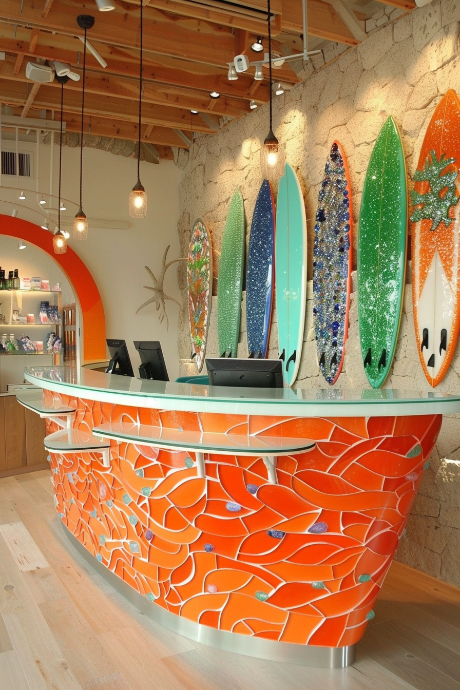 Surf shop design. Coral orange payment counter, sea glass mosaic display, surfboards backdrop.