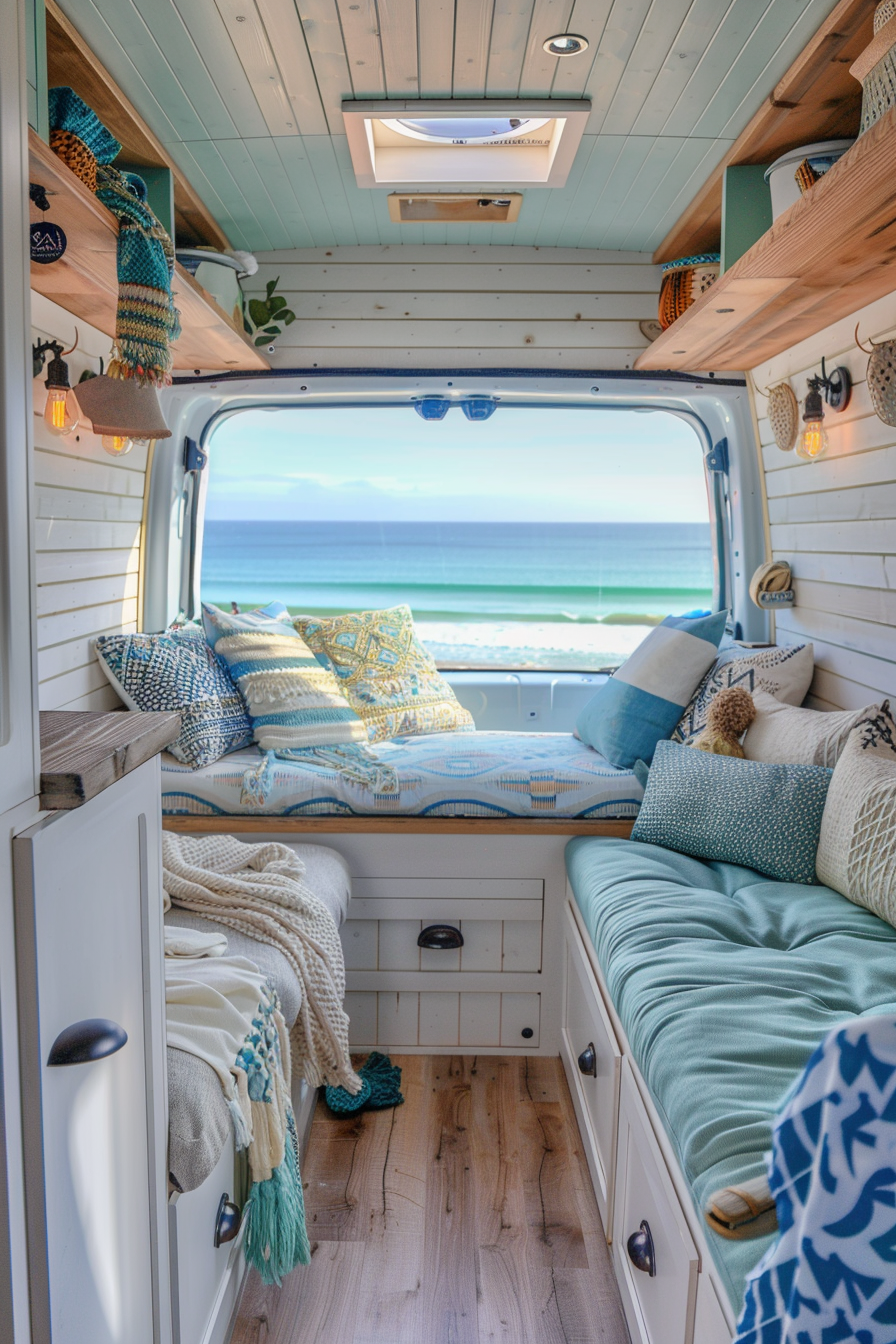 Coastal camper van interior. Shiplap walls, sea blue upholstery, beach view in window.