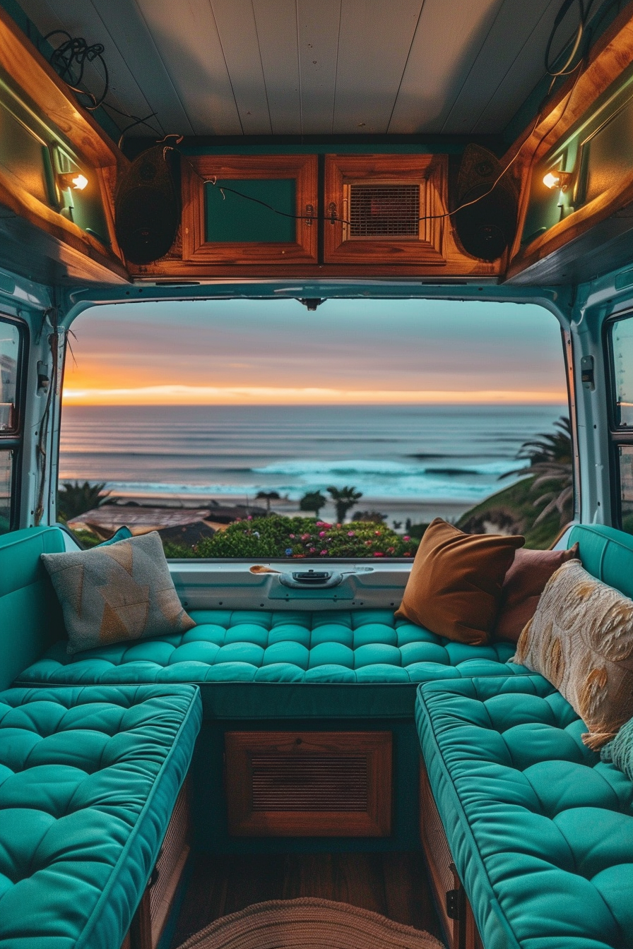 Coastal camper van interior. Teal sofas with wide view of sunset beach through windows.