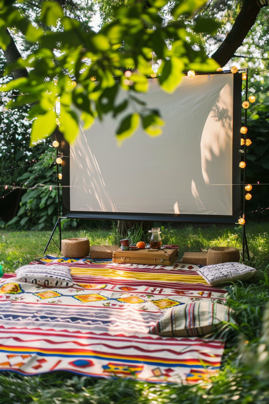 Backyard movie night. Multicolor, woven picnic rug with a cream projector screen.