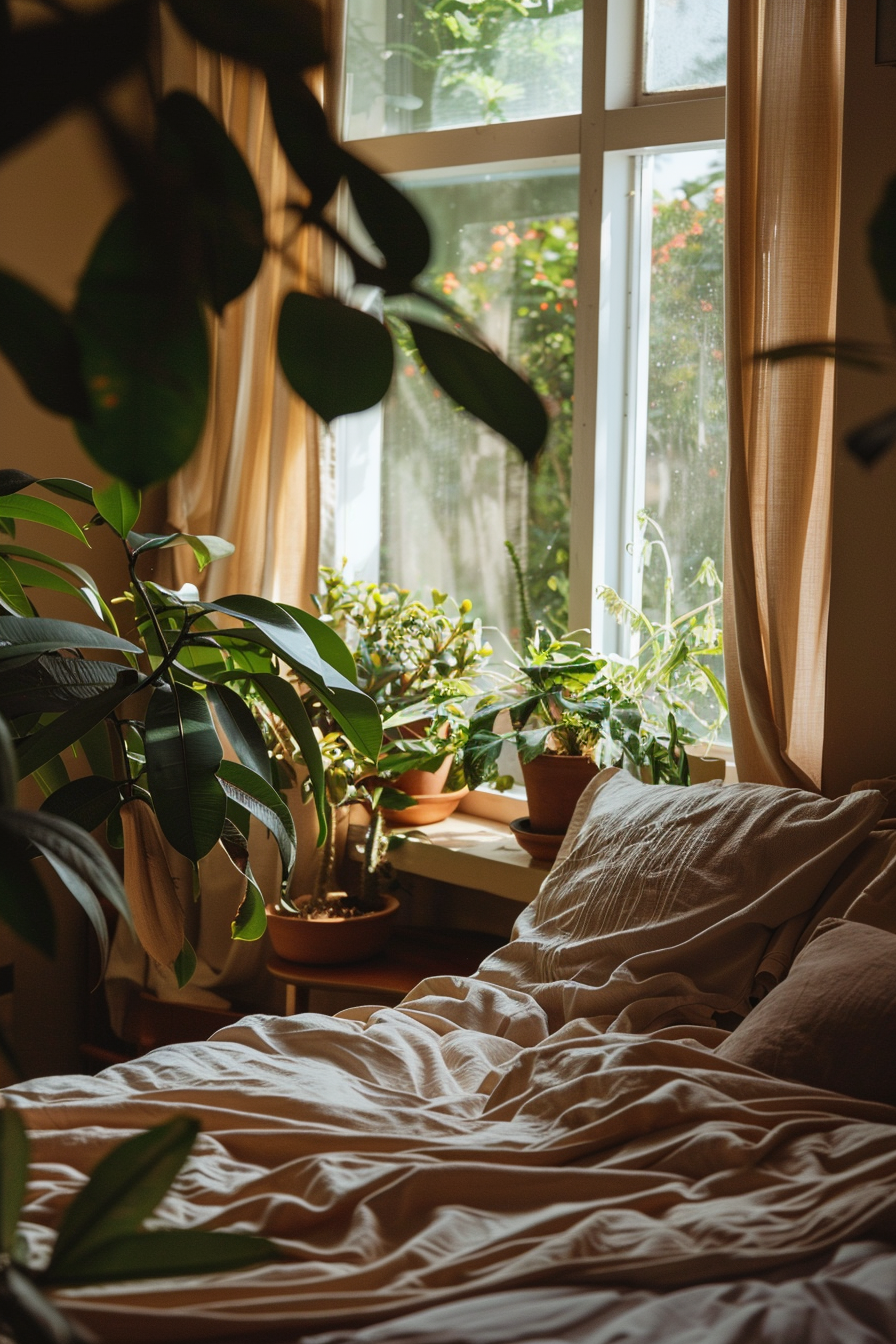 Hotel room. Earth-tone linens and curtains, big window for natural light, desert plants as decoration.