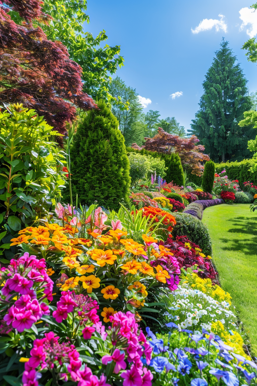 Beautiful backyard view. Colorful blooming flower beds surrounded by trimmed hedges.