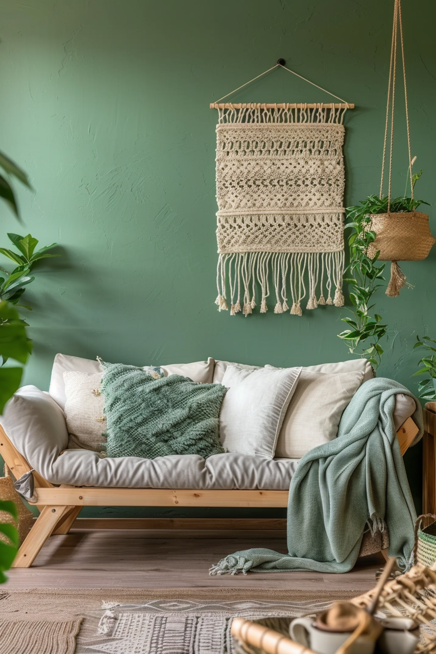 Wide view of Boho-modern living room. Green walls with macramé hangings, wooden furnishings.