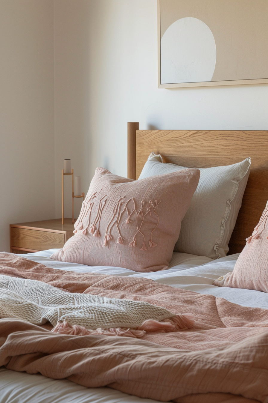 Aztek Japandi pastel bedroom. Ultra minimalistic wooden bed with pastel pink Aztek throw pillows.