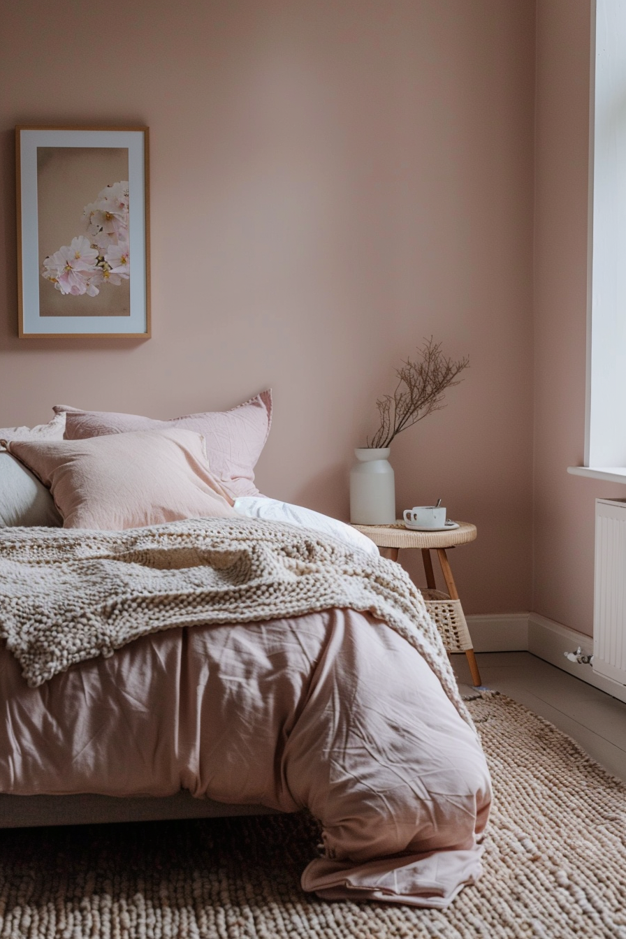 Japandi x Aztek bedroom design. Sakura pink walls with monochromatic Aztek rug.