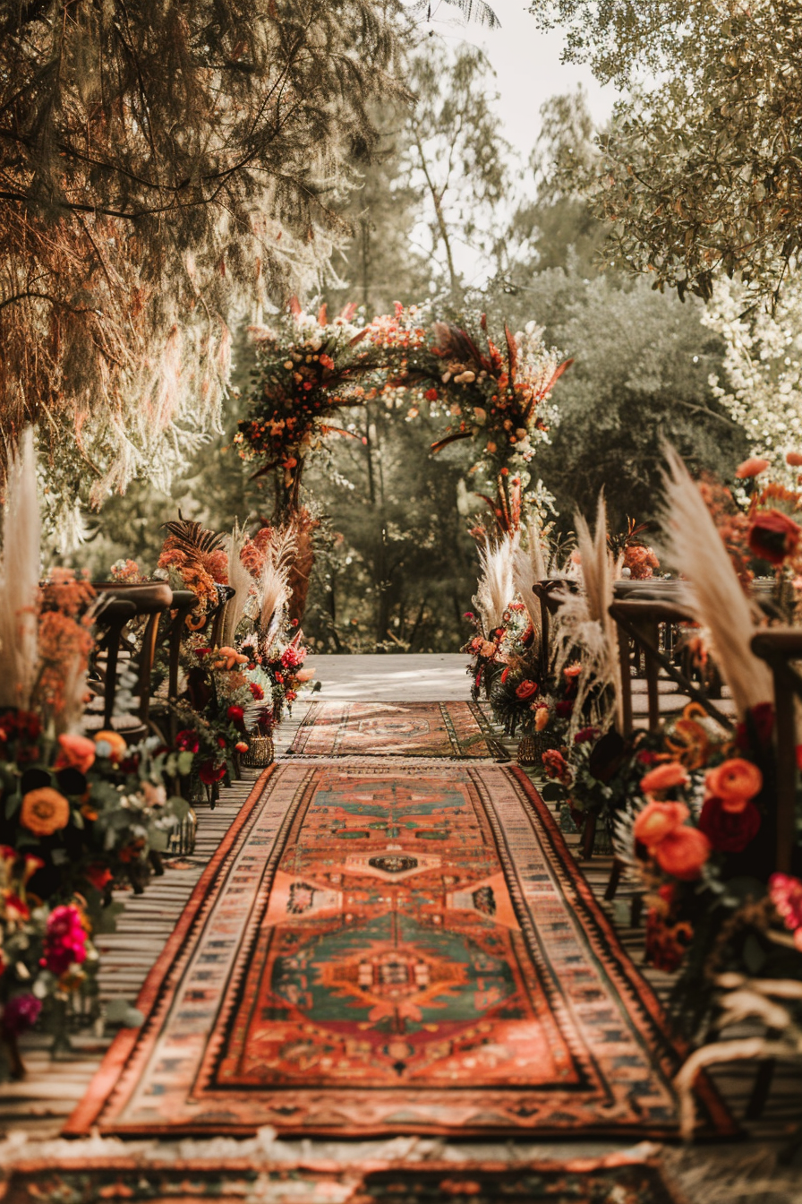 Boho wedding design. Wide view filled with plentiful mismatched rugs and tall, wild wildflowers.