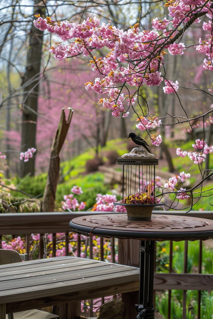 Beautiful backyard view from the deck. Flowering cherry tree with bird feeder.