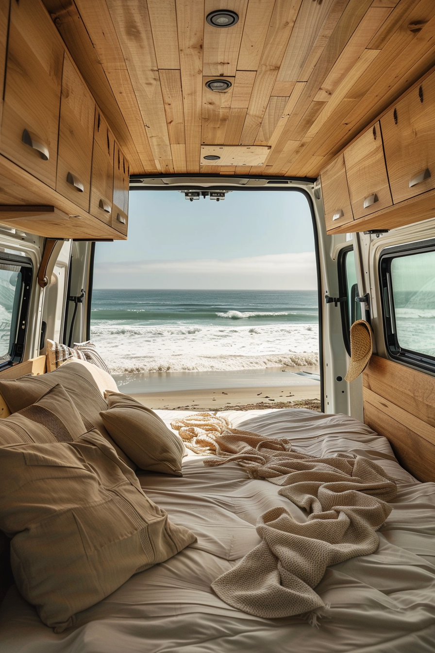 Coastal camper van interior. Wooden finish, strategically placed surfboard, beach view through tinted windows.