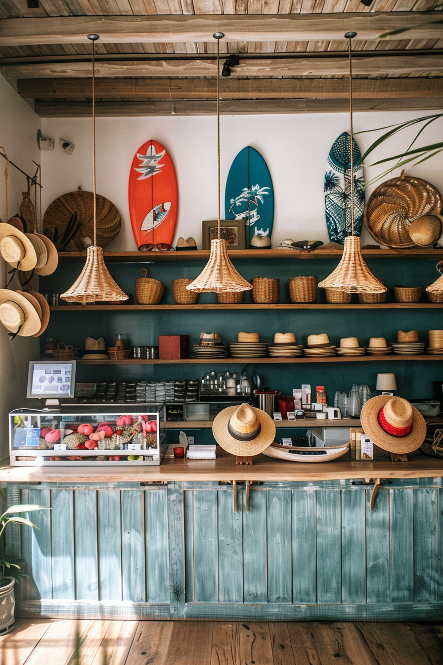 Surf shop design. Coral counter with hanging surfboards and scattered straw hats.