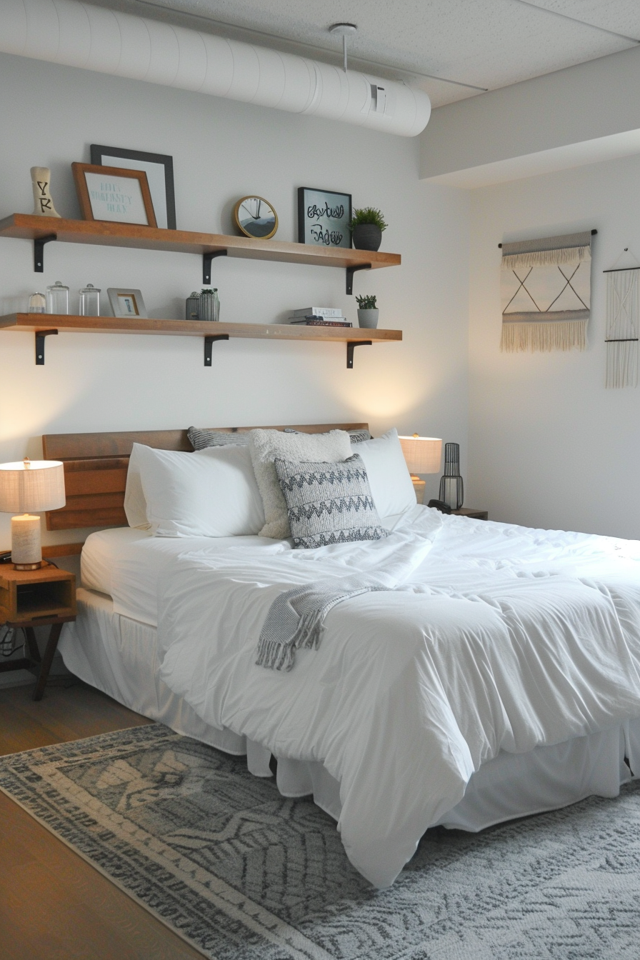 Minimalist dorm room. All-white bedding with gray rug and wooden floating shelves.