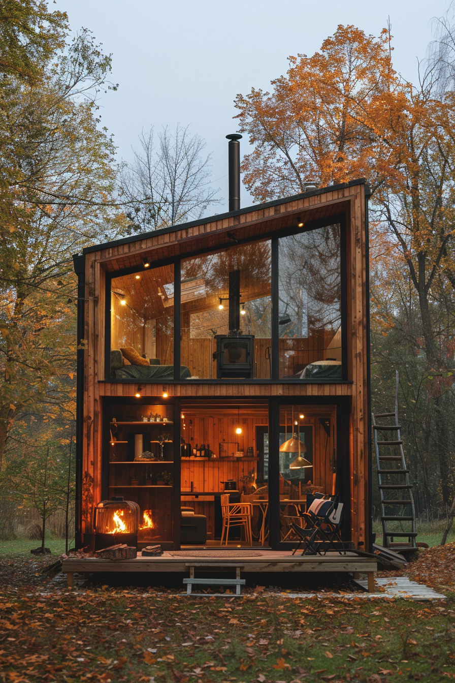 Tiny house. Wooden exterior, large windows, compact interior with fireplace.