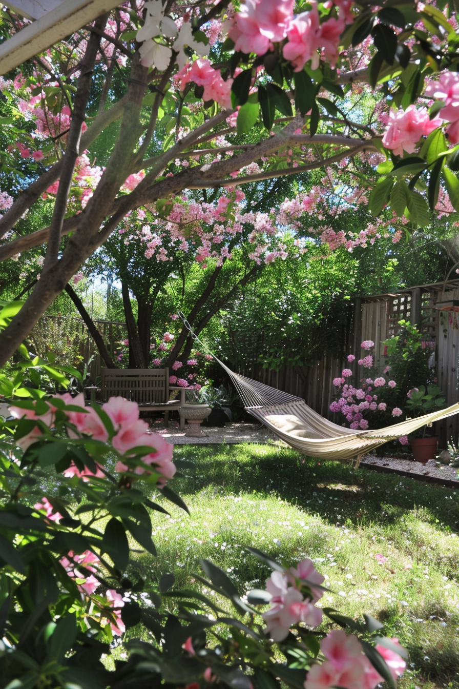 Beautiful backyard view. Tear-drop hammock under blooming crepe myrtle trees.