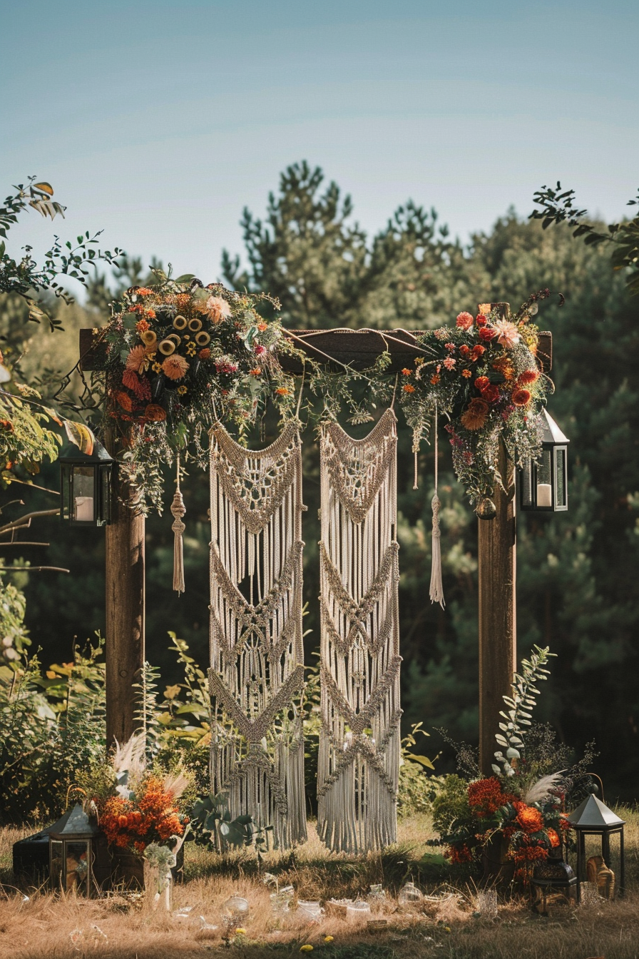 Boho wedding view. Macrame backdrop with hanging wild flowers and vintage lanterns.