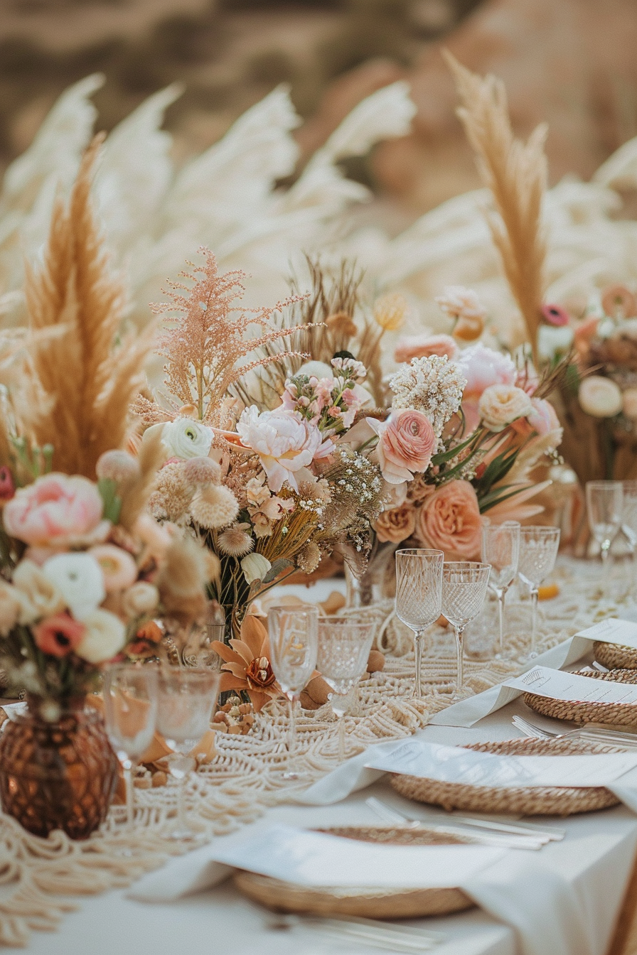 Boho decorated wedding. Desert landscape with macramé and pastel floral centerpieces.