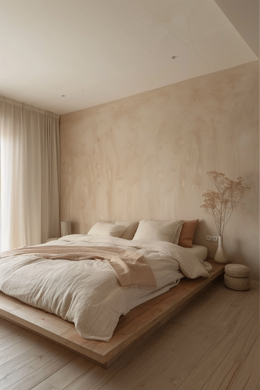 Aztek Japandi Pastel Bedroom. Wooden platform bed with pastel peach bedding.