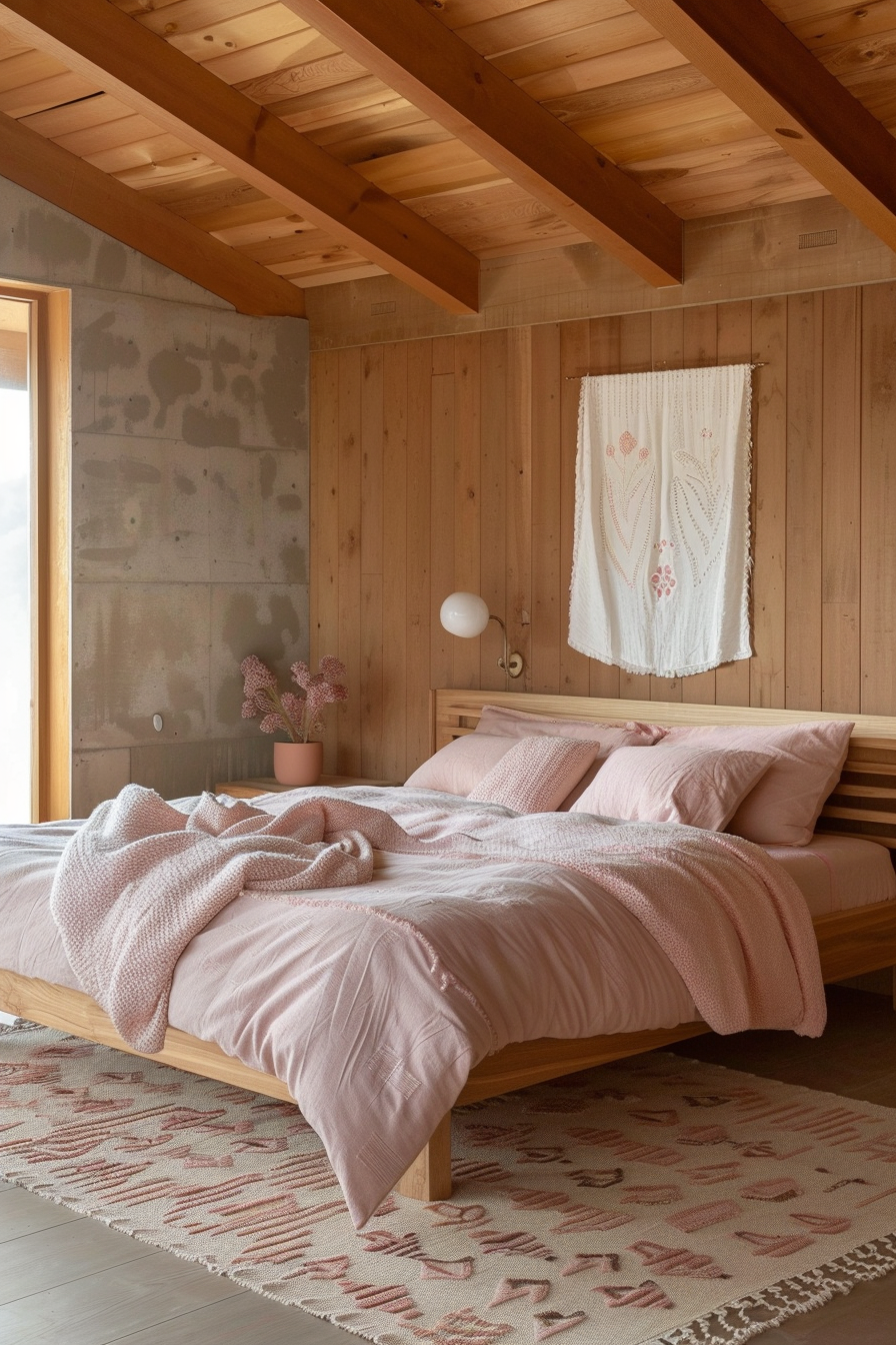 Aztek Japandi Pastel Bedroom. Wooden low bed, subtle aztek pattern, pastel pink bedding.