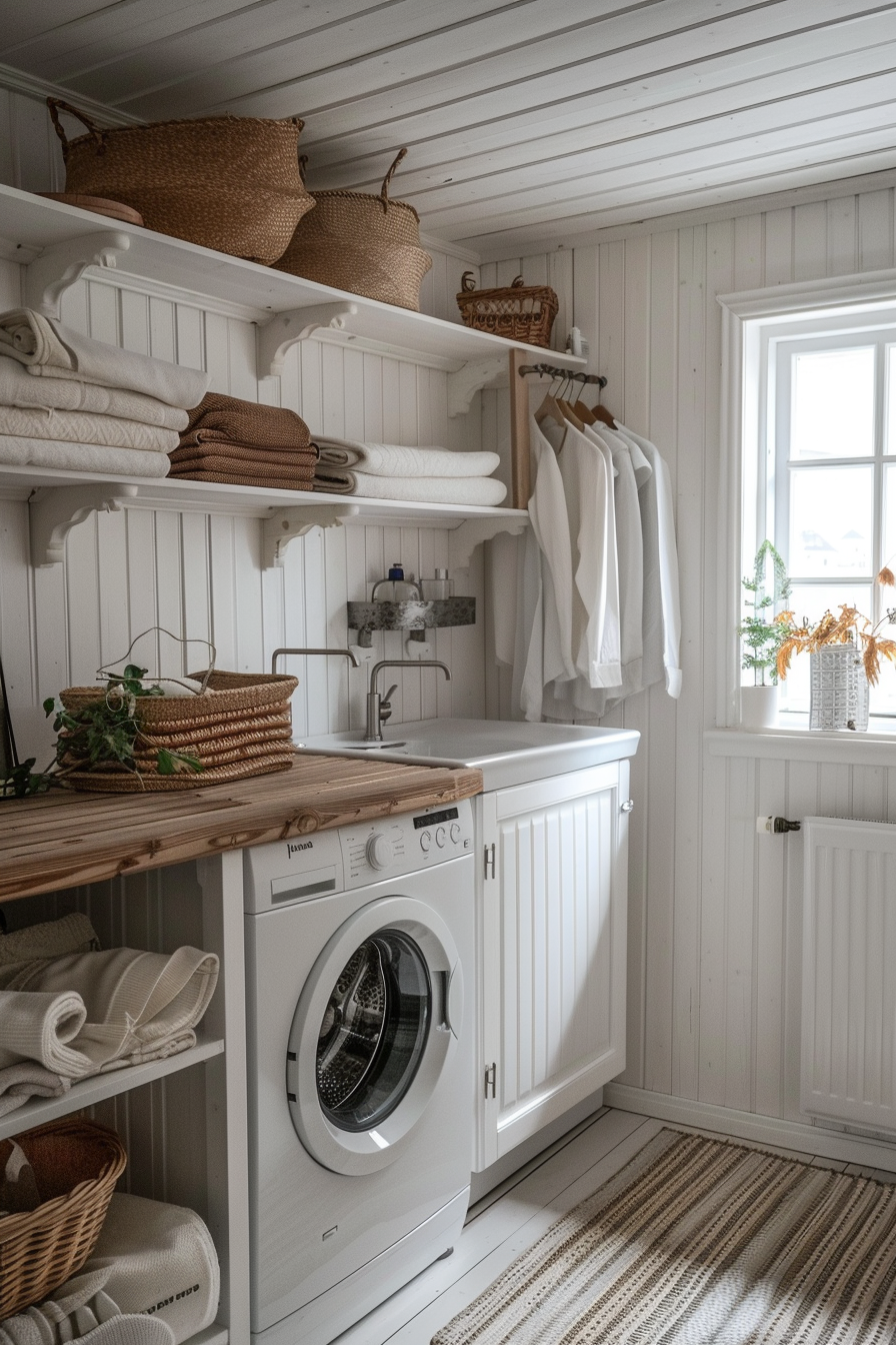 Nordic design laundry room. White paneled walls with floating wooden shelves.