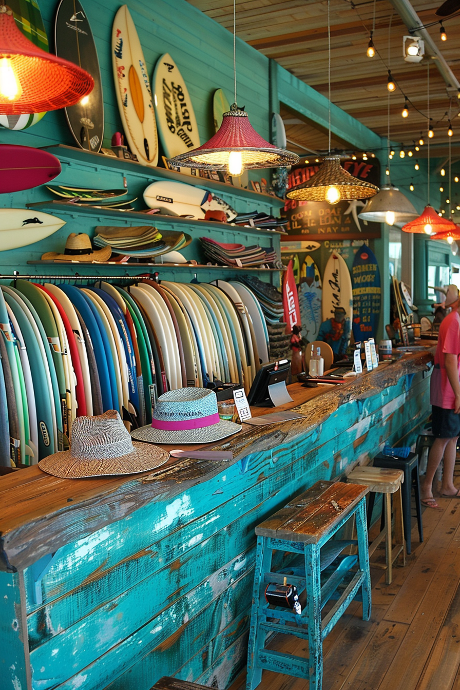 Surf shop design. Bright turquoise counter laden with surfboards and sea-colored hats.