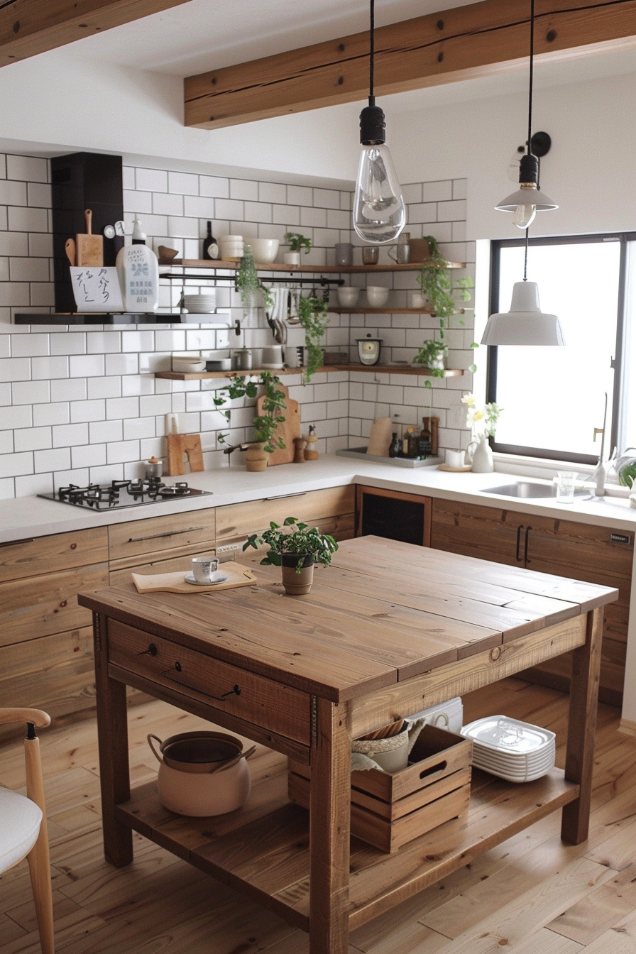 Japandi Kitchen. Oak wood island and white subway tile backsplash.