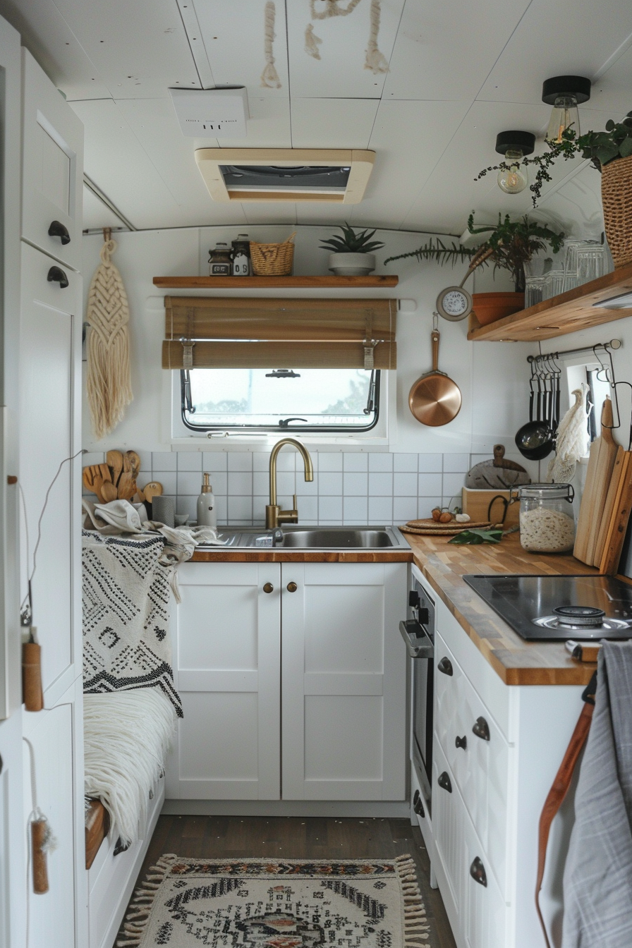 Modern camper van interior. Compact kitchen, wooden countertops and fringe macrame wall hanging.