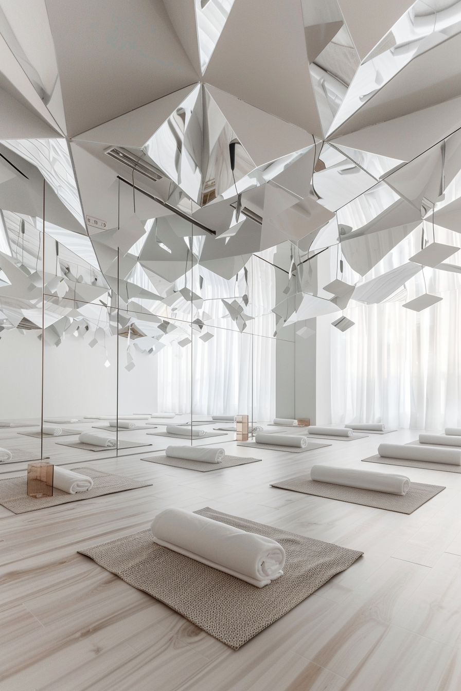 Yoga studio. Geometric mirrors, white minimalist decorations.