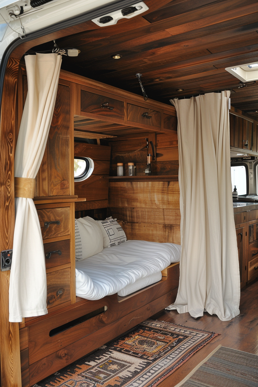 Converted Sprinter van camper. Nickel saddle-stitch linen curtains and walnut wood paneling.