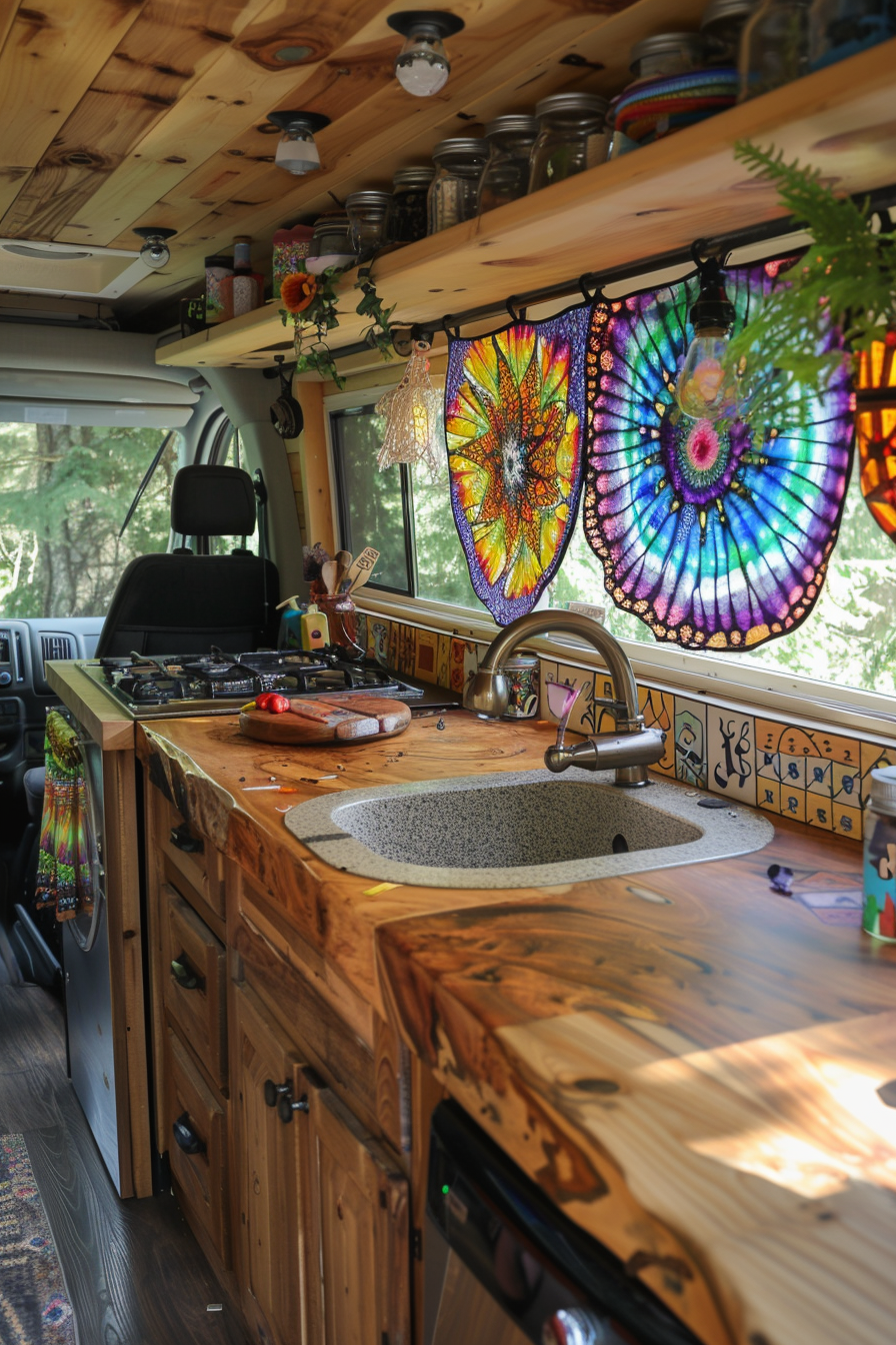 Modern camper van interior. Wooden countertops, tie-dye hangings, mosaic glass lanterns.