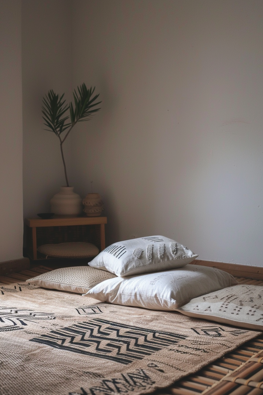 Japandi x Aztek bedroom design. Tatami mat with geometric aztek rug.