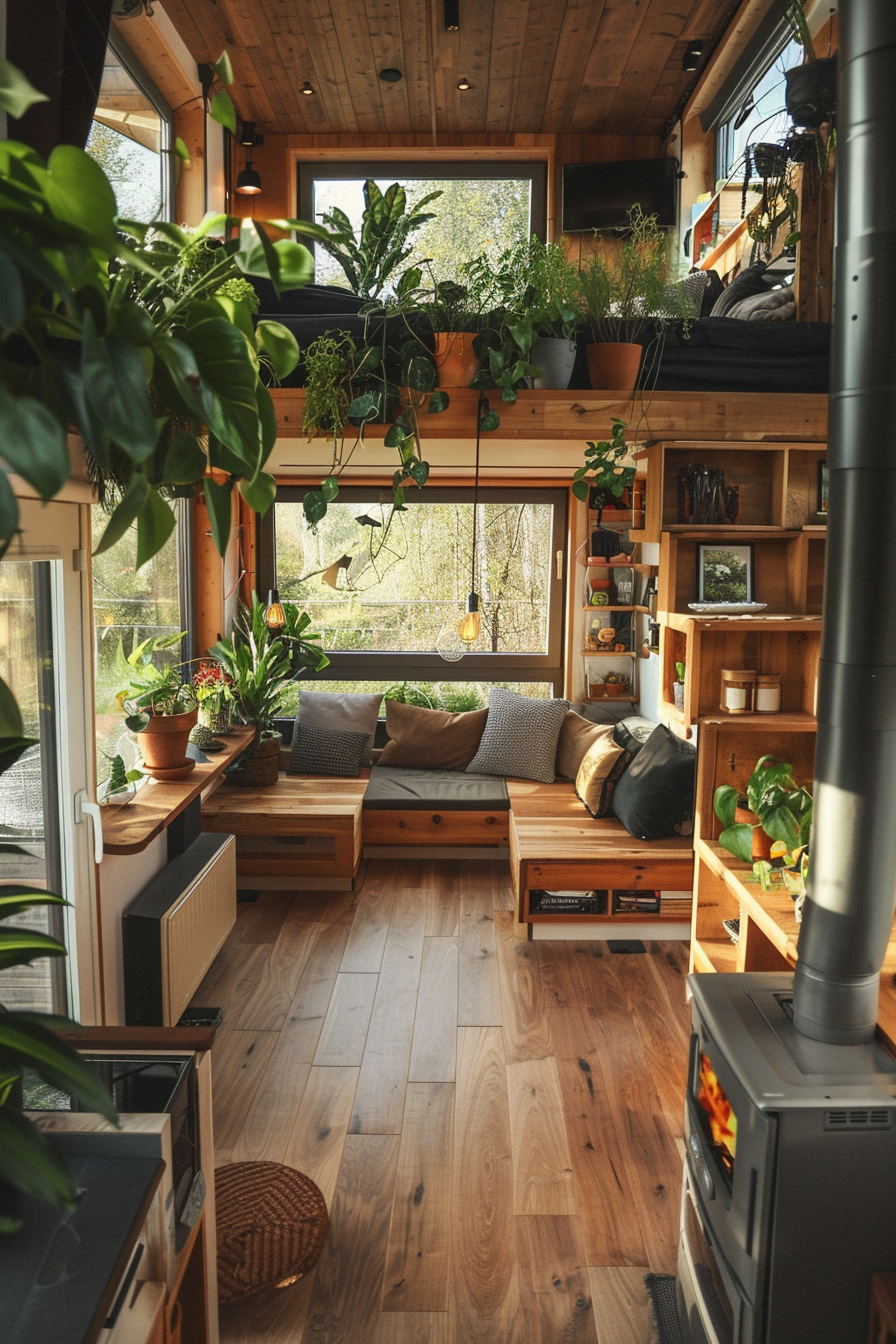 Tiny house. Light oak wood floor with cozy fireplace and green pot plants.