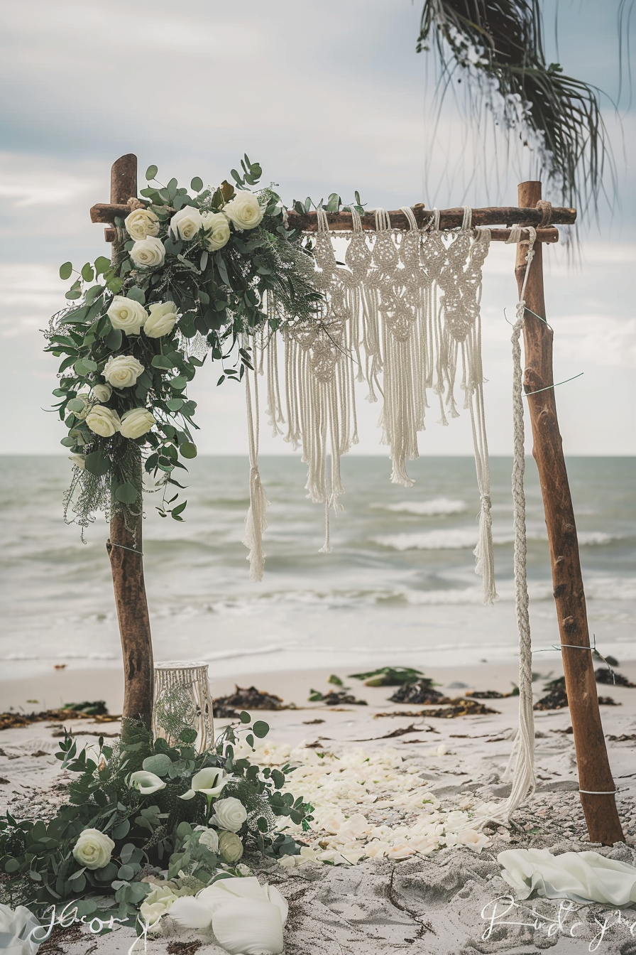 Boho beach wedding. Macrame driftwood arch adorned with white roses and eucalyptus leaves.