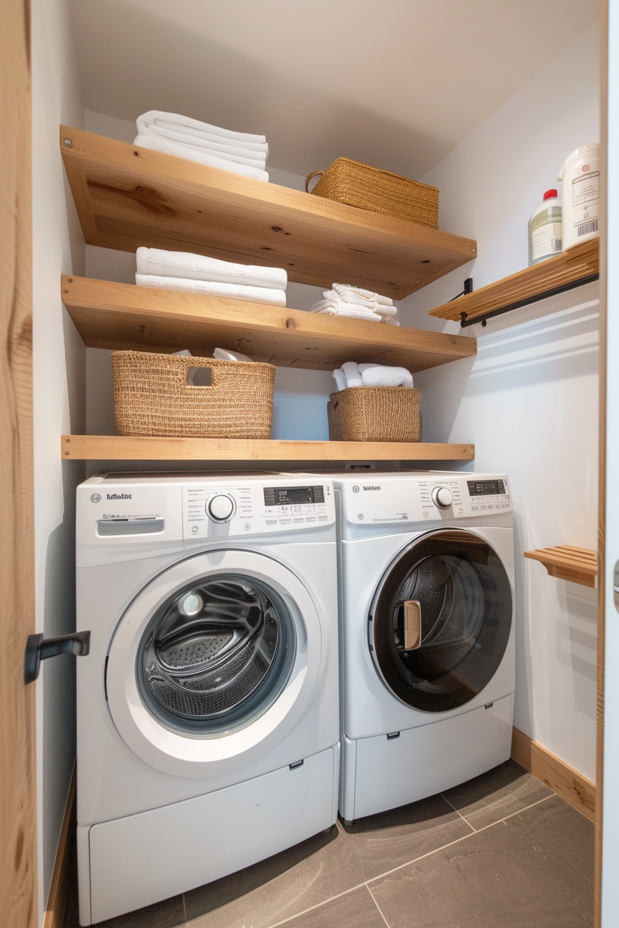 Nordic design laundry room. White stacked washing machines with wooden storage shelves.