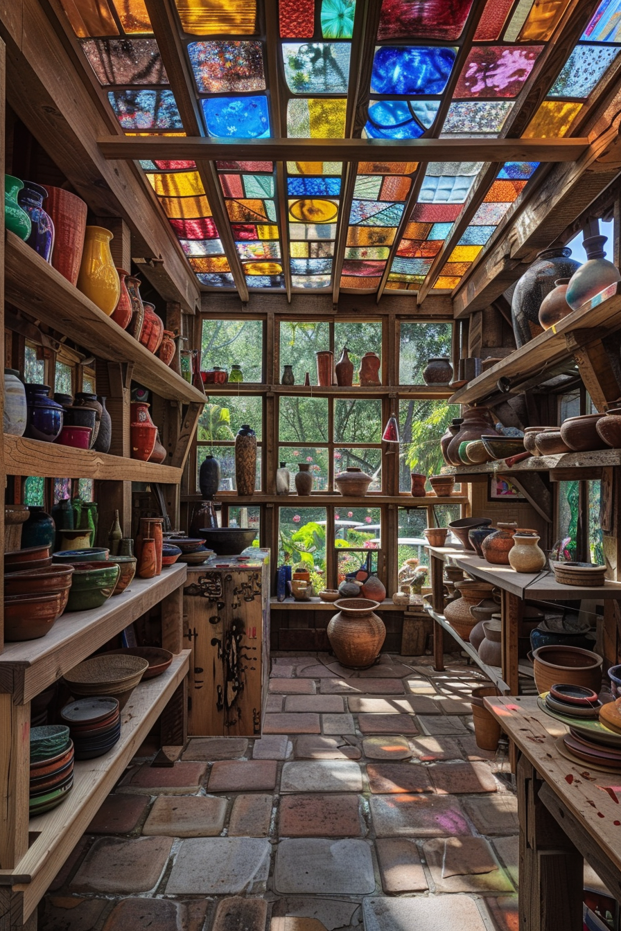 Clay workshop. Wooden shelves, pottery on display, skylight, vibrant stained glass.