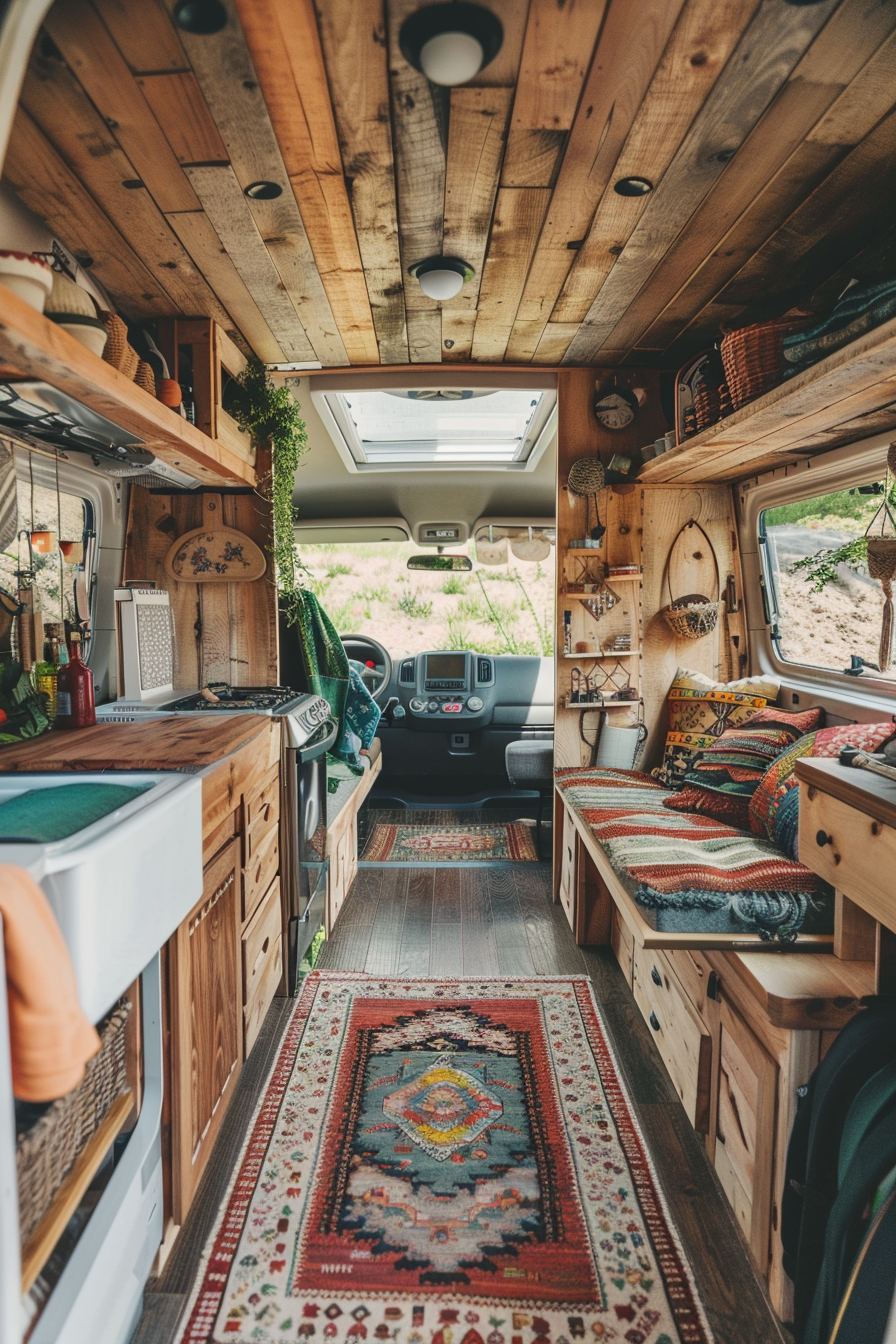 Modern camper van interior. Tropical wood flooring with Persian rug accents.