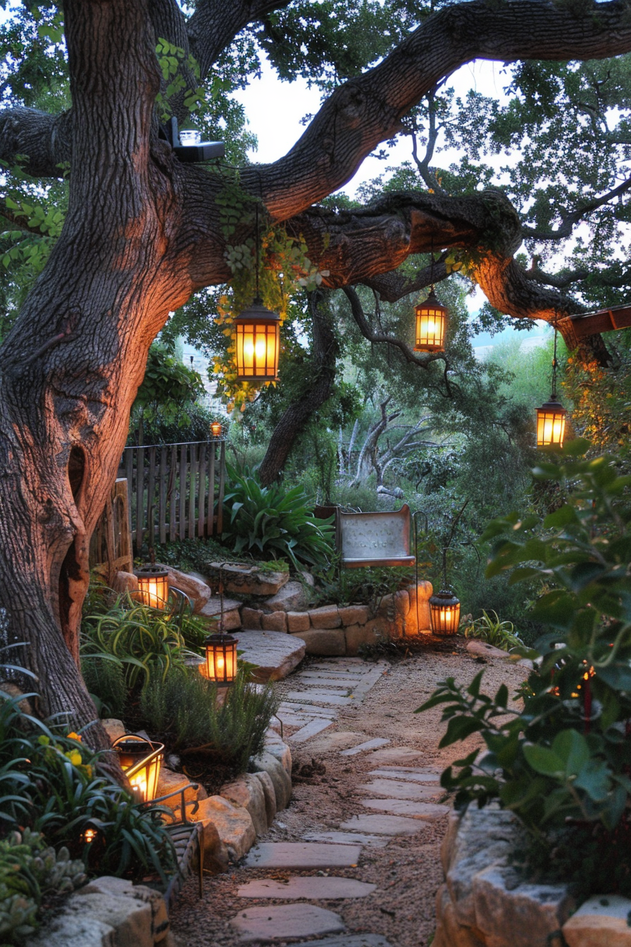 Beautiful backyard view. Oak tree adjoining cobblestone path with hanging lanterns.